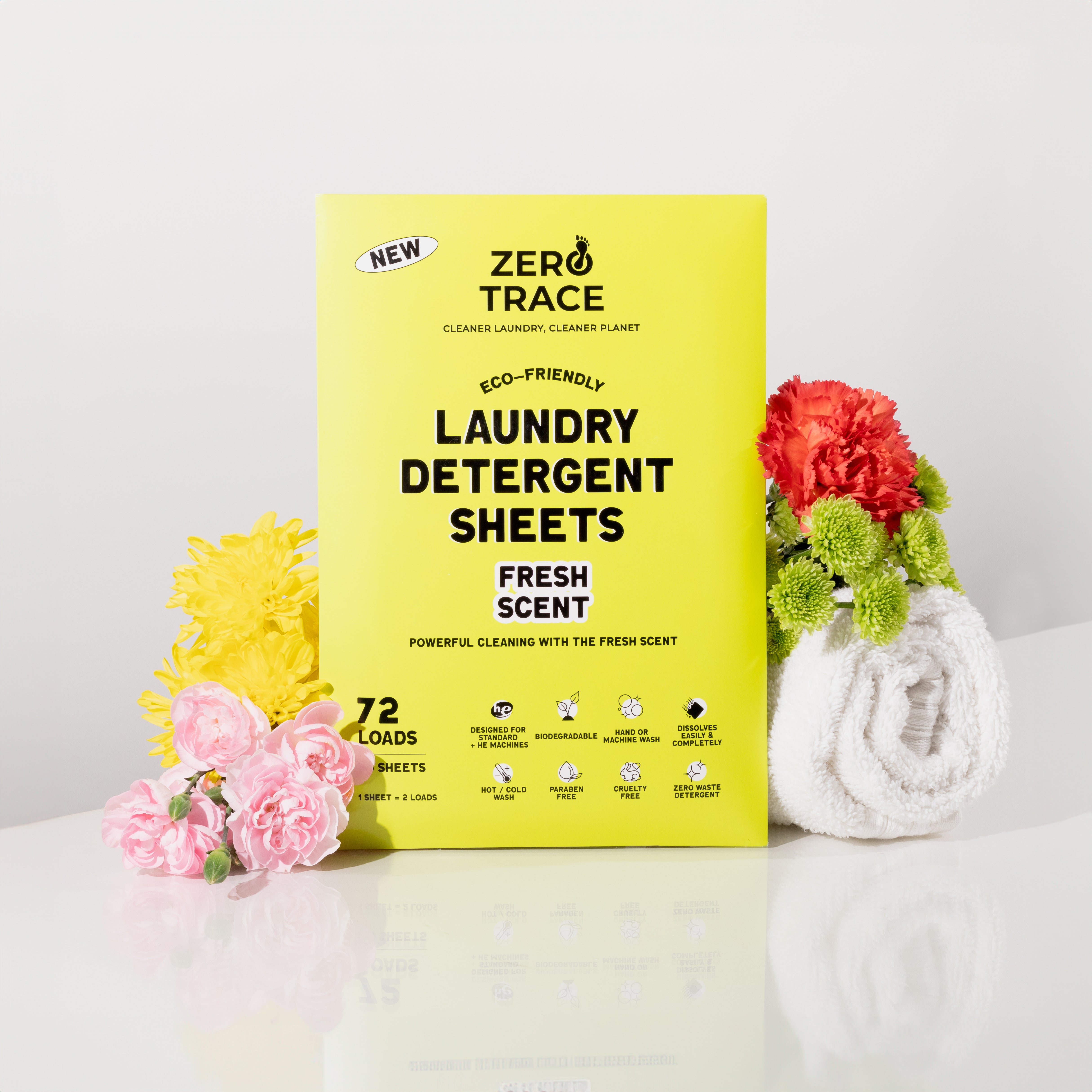 An eco-friendly Zero Trace Laundry Detergent Sheets that brightens clothes and leaves a pleasant scent of flowers.
