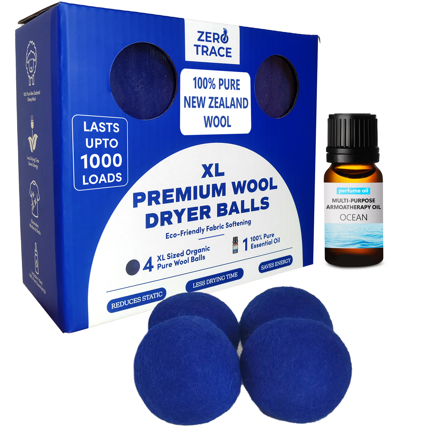A box of XL Premium Wool Dryer Balls by Zero Trace features three blue wool balls and a small bottle of "Ocean" aromatherapy oil, serving as eco-friendly, reusable fabric softeners that infuse your laundry with a refreshing scent.