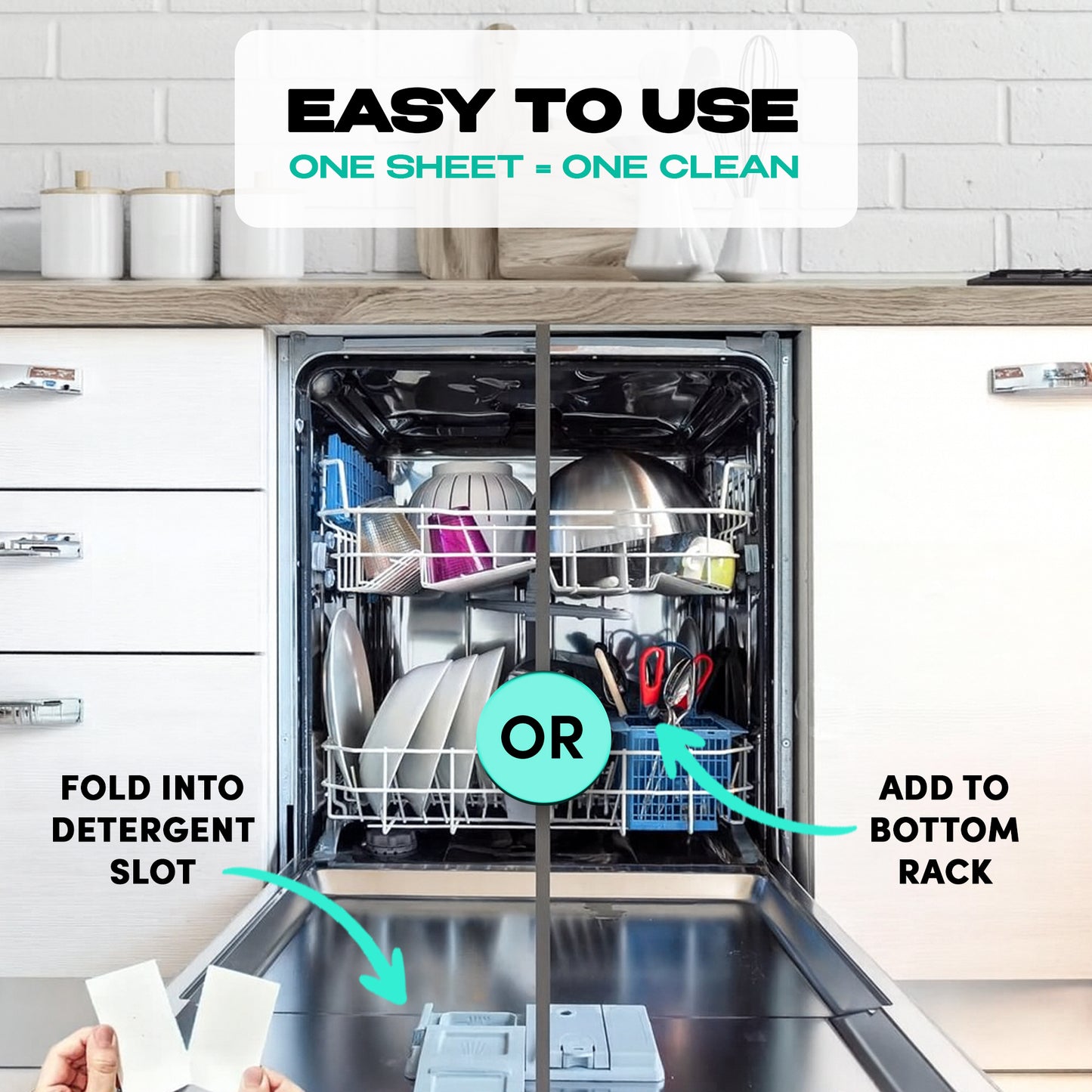 A dishwasher with clean dishes is open; hands hold Zero Trace Dish Washer Sheets. Arrows show the sheet can be folded into the detergent slot or placed on the bottom rack. Text: "Easy to Use.