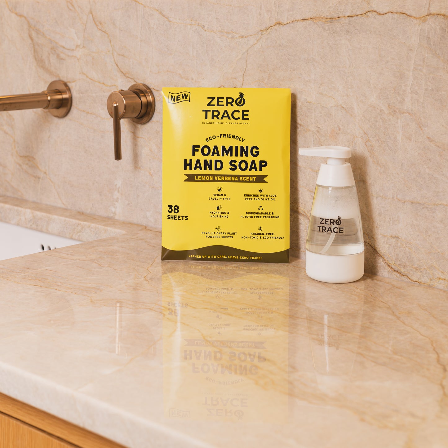 An eco-friendly bathroom sink with a bottle of Zero Trace Hand Soap Sheets next to it.