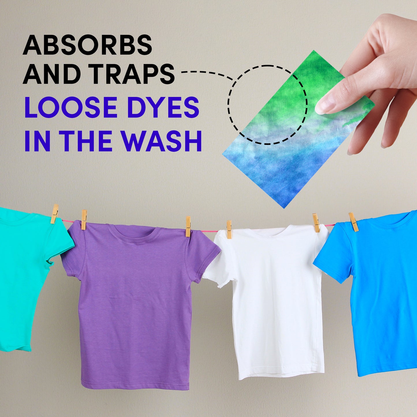 A hand holds a Zero Trace Color & Dye Protector Sheet for color run prevention, with clean clothes hanging on a line in the background.