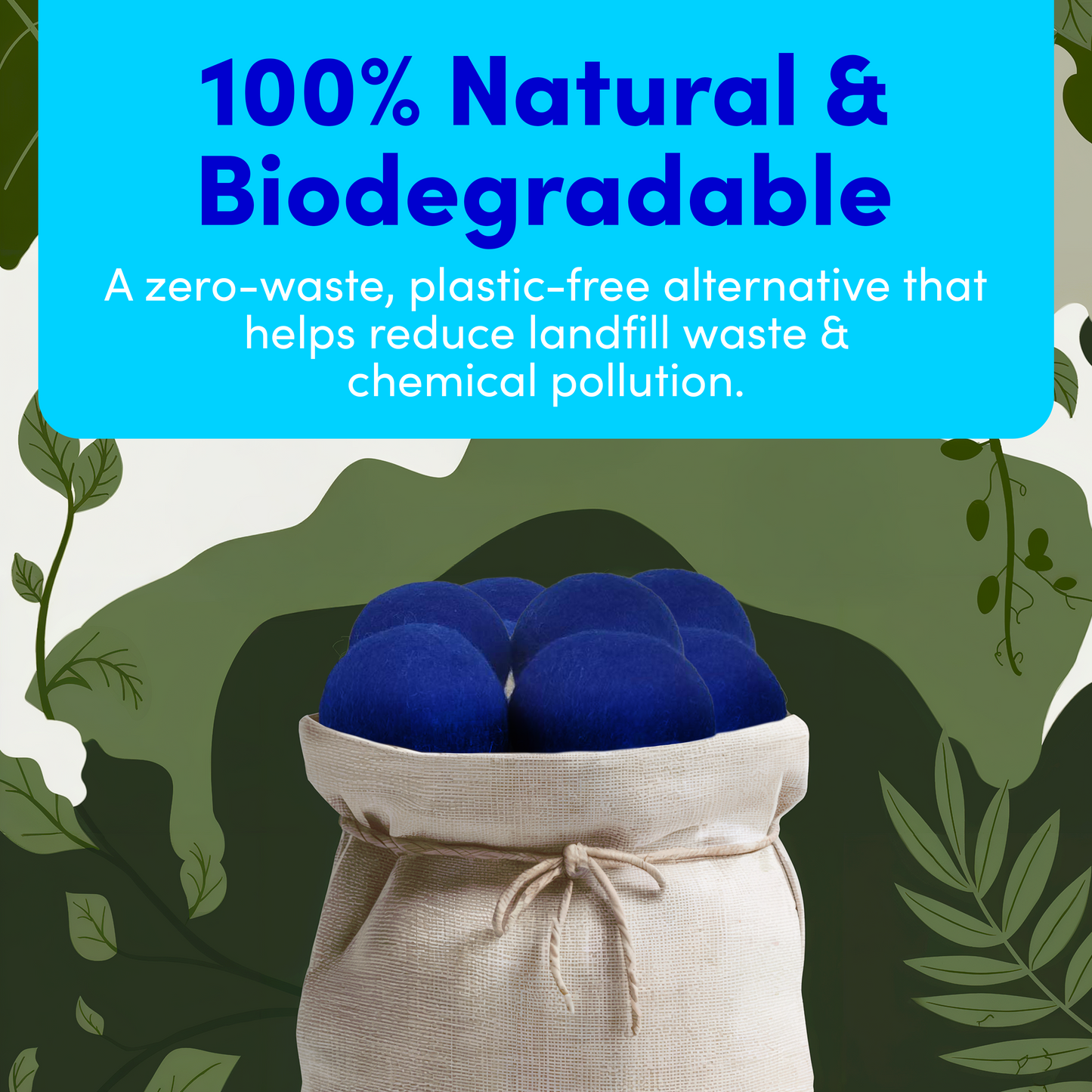 A sack of XL Premium Wool Dryer Balls by Zero Trace states "100% Natural & Biodegradable" and describes them as an eco-friendly, plastic-free alternative.