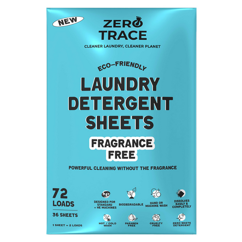 Zero Trace Free Laundry Sheet Pack in a blue package features 36 eco-friendly, fragrance-free sheets for 72 loads, with icons for biodegradable, fully dissolvable formula, and compatibility with all washers.