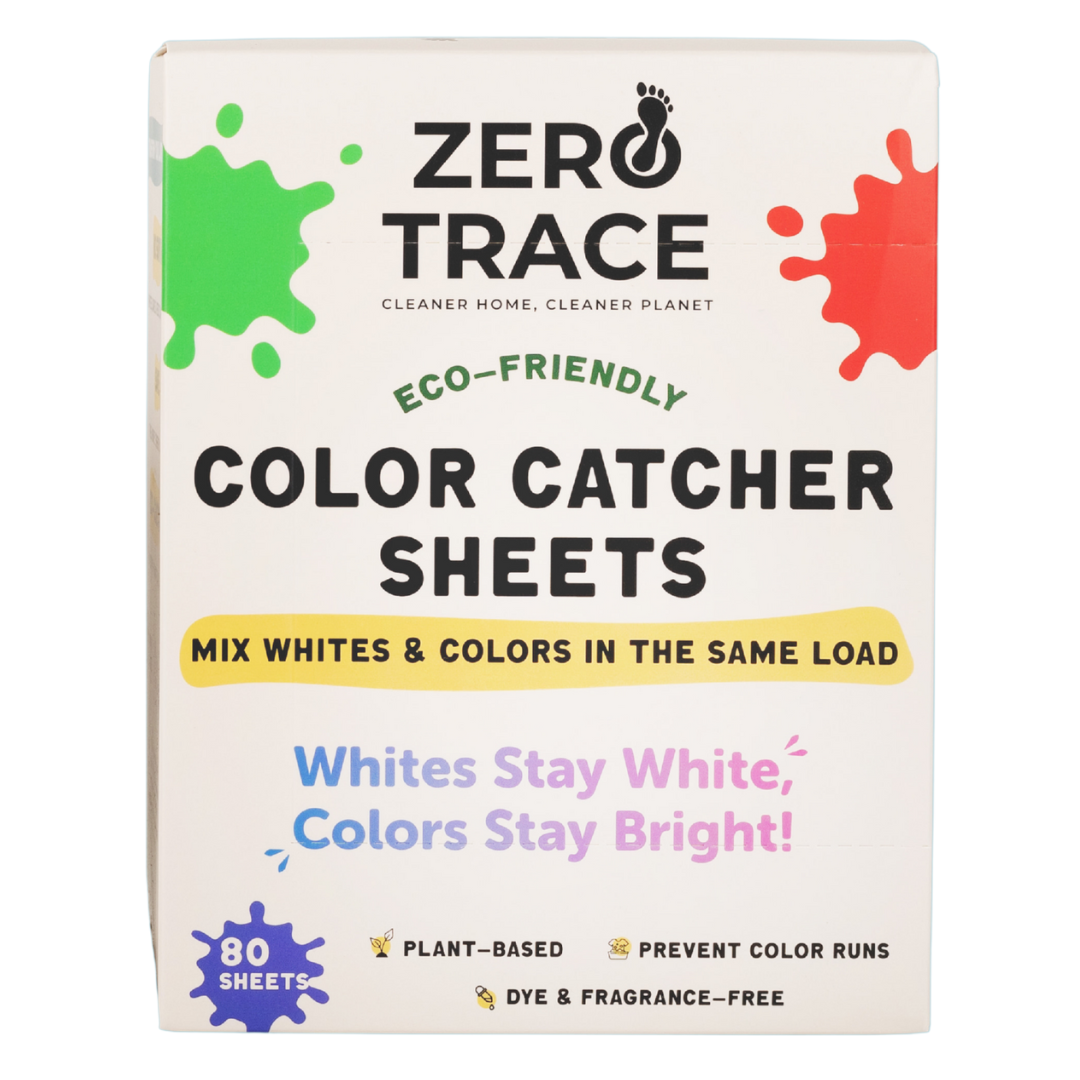 Front of a Zero Trace Free Color Catcher box, showcasing eco-friendly, plant-based sheets that let you wash whites and colors together, with 80 sheets per box.