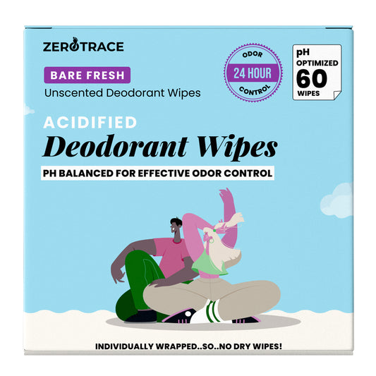 Zero Trace's Bare Fresh Deodorant Wipes offer pH-balanced odor control, come with 60 individually wrapped unscented wipes, and claim 24-hour protection.