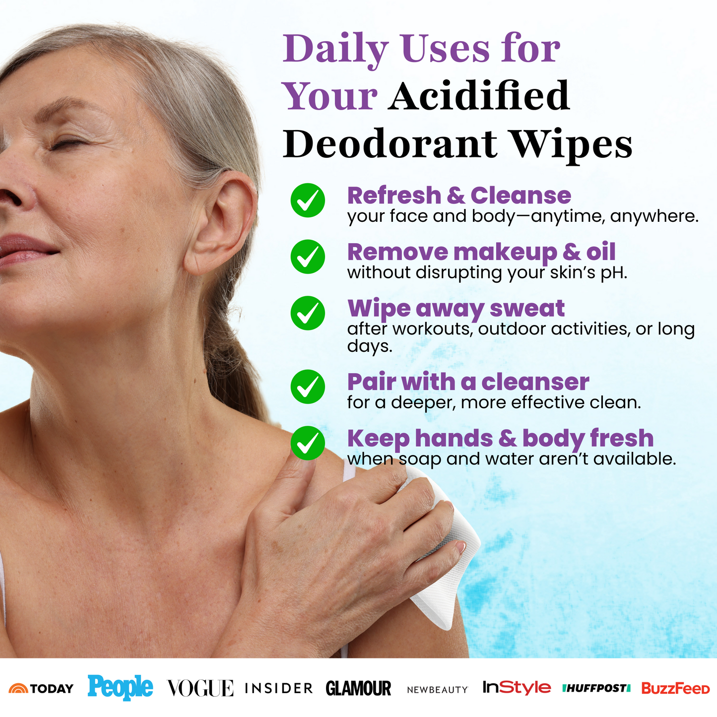 A woman uses the Bare Fresh Deodorant Wipe from Zero Trace on her shoulder. Benefits: refresh skin, remove makeup, wipe sweat, pair with cleanser for fresh hands and body. Logos of various media outlets are displayed at the bottom.