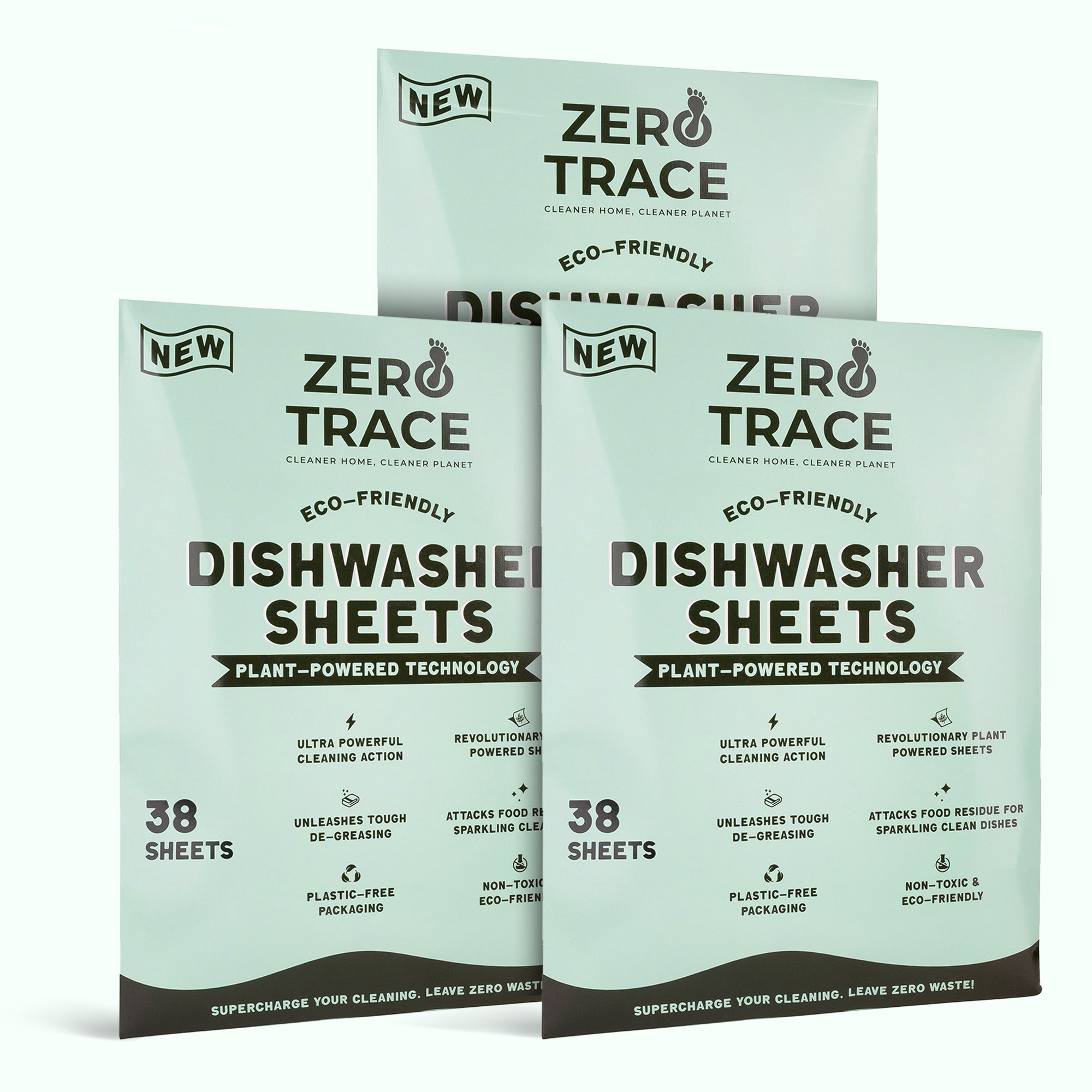 Powerful plant-based Zero Trace dishwasher sheets that leave dishes spotless with zero trace.