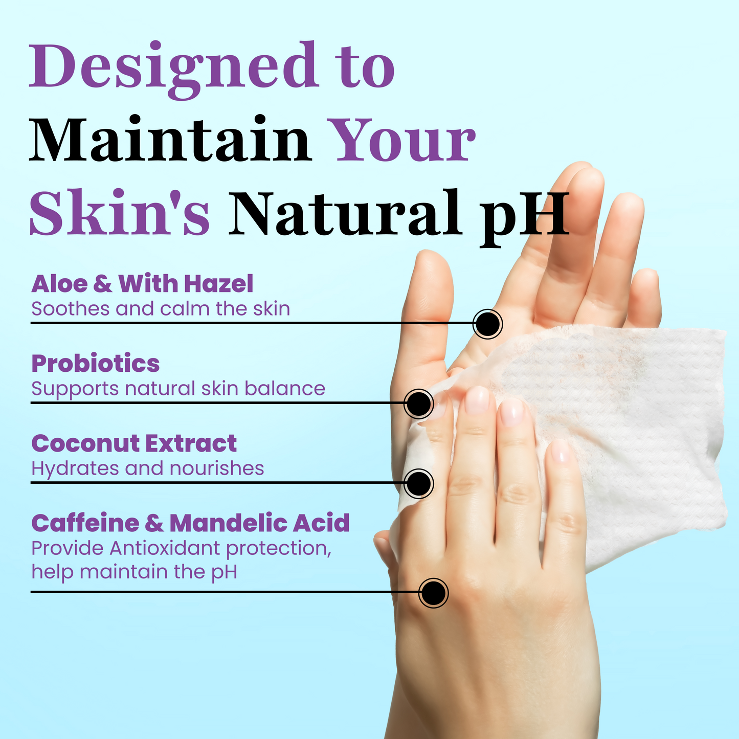 A hand holds the Zero Trace Fresh Botanic Deodorant Wipes, emphasizing benefits like aloe, probiotics, coconut extract, caffeine, and mandelic acid to maintain skin's natural pH. Ideal for pairing with aluminum-free cleansing routines for fresh, radiant skin daily.