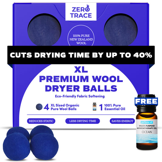 Zero Trace XL Premium Wool Dryer Balls packaging states "cuts drying time by up to 40%." Made from New Zealand wool, set includes four balls plus a free bottle of aromatherapy oil—a natural fabric softener alternative.