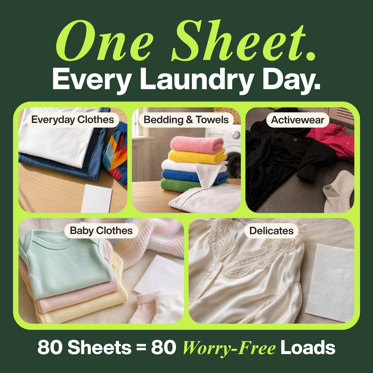 Five laundry categories—everyday clothes, bedding and towels, activewear, baby clothes, and delicates—each displayed with folded garments and a single Zero Trace Color & Dye Protector Sheet. Text highlights 80 sheets per box.