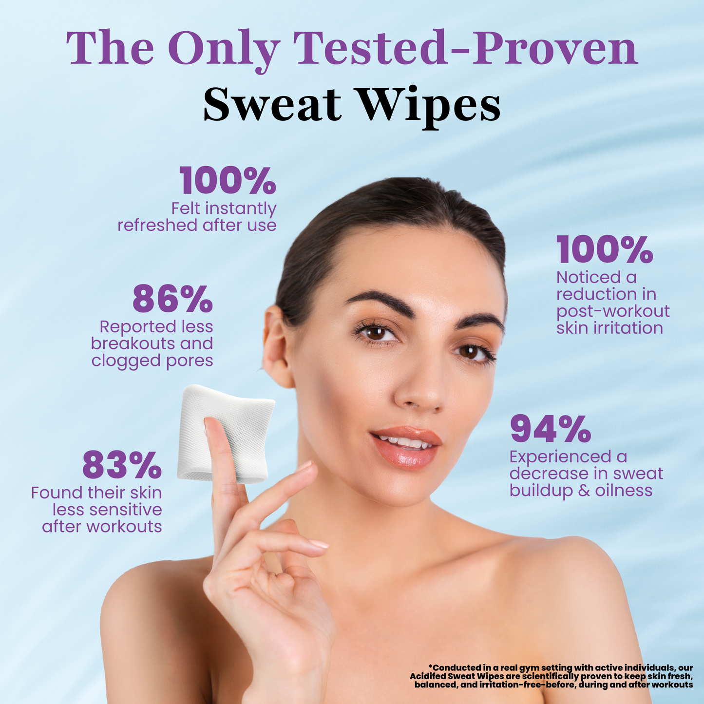 A woman holds Nature's Bliss Deodorant Wipes by Zero Trace, showcasing benefits such as a refreshed feeling, reduced pores, less irritation, decreased sweat buildup, and less sensitive skin. Infused with natural botanicals, these wipes keep your skin pH-balanced and radiant after workouts.