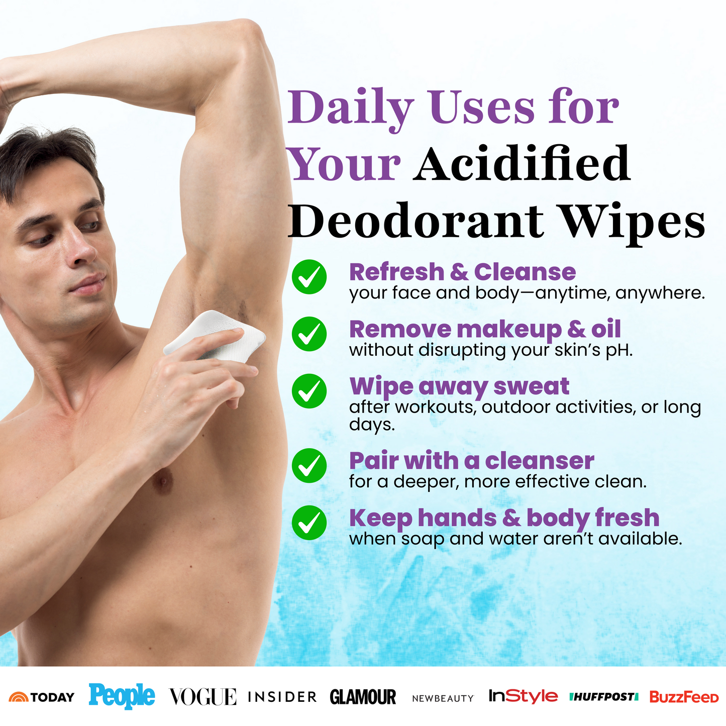 A man uses a Nature's Bliss Deodorant Wipe by Zero Trace under his arm. These pH-balanced, gentle, acidified wipes are perfect for refreshing, makeup removal, sweat wiping, or as a cleanser companion to keep hands and body fresh.