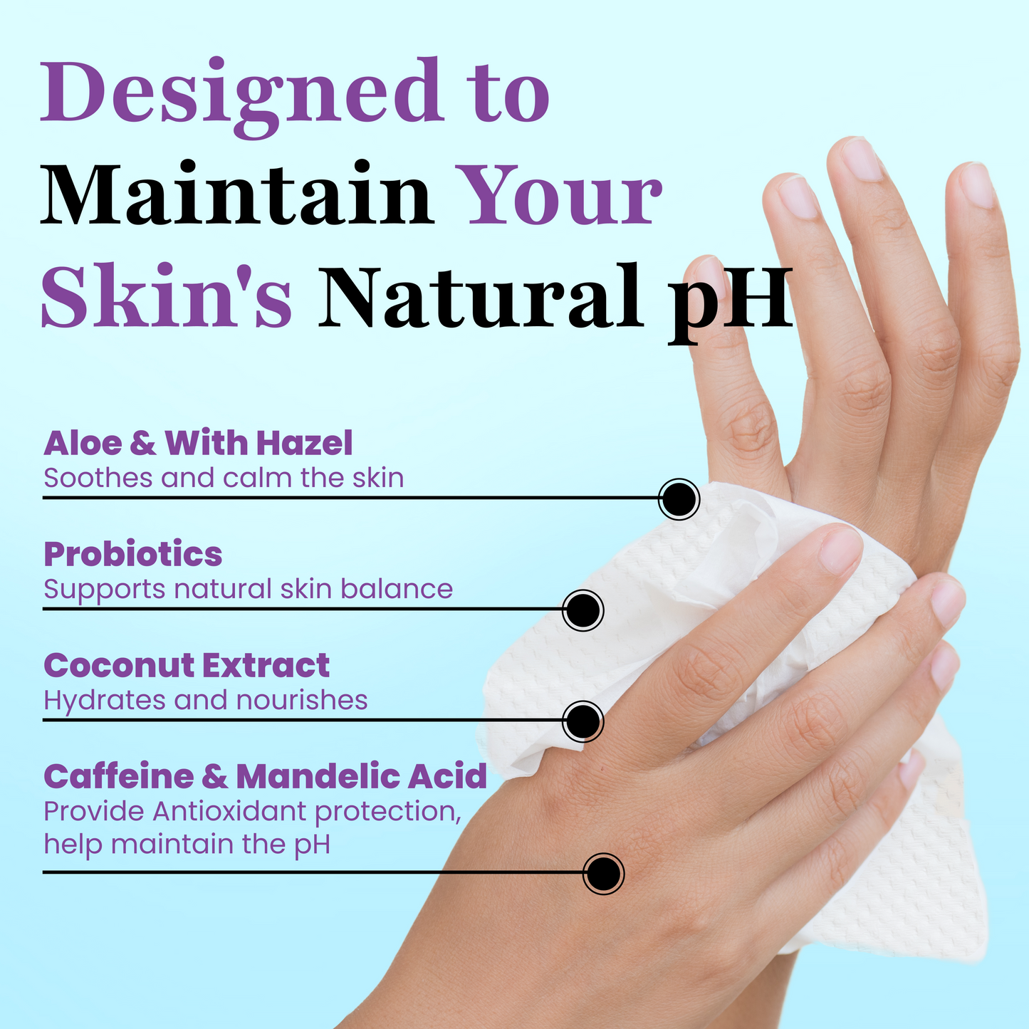 Hands elegantly hold a white cloth, showcasing the gentle formula of Zero Trace's Nature's Bliss Deodorant Wipes. Enriched with Aloe, Witch Hazel, Probiotics, Coconut Extract, Caffeine, and Mandelic Acid, these wipes use natural botanicals for pH-balanced skin and a rejuvenated complexion.