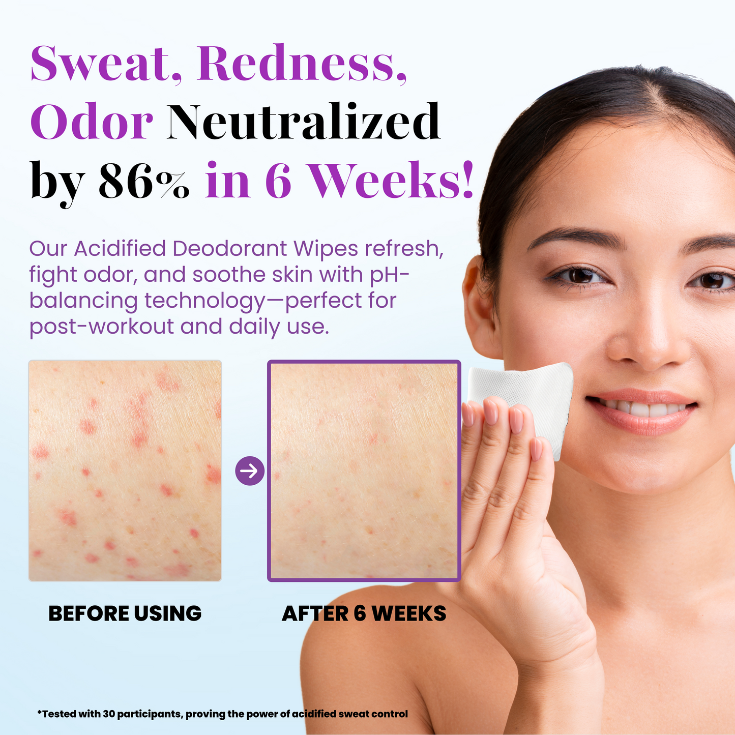 A smiling woman holds a Nature's Bliss deodorant wipe by Zero Trace. Before and after images show reduced redness. Text emphasizes the wipes' gentle formula, neutralizing sweat, redness, and odor by 86% in 6 weeks with a pH-balanced touch.