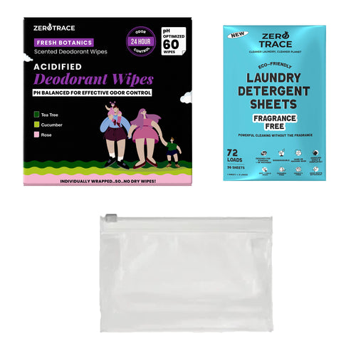 The Zero Trace Travel-Ready Clean Kit includes TSA-safe scented deodorant wipes, plastic-free fragrance-free laundry detergent sheets, and an empty clear resealable plastic bag.