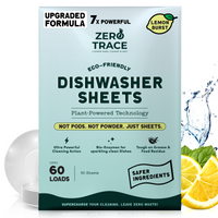 A box of Zero Trace Dish Washer Sheets, lemon burst scent, 60 loads, shown with lemon slices, splashing water, and sparkling clean dishes in the background.