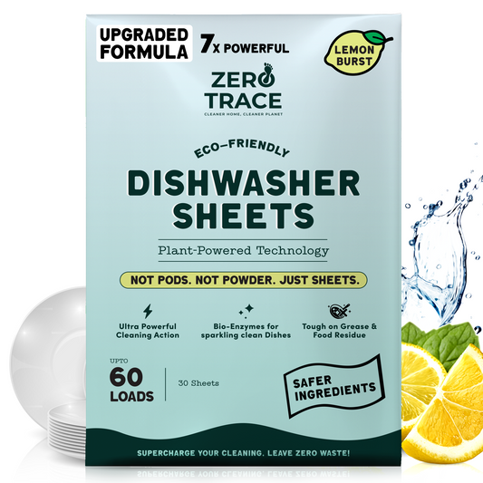 A box of Zero Trace Dish Washer Sheets, lemon burst scent, 60 loads, shown with lemon slices, splashing water, and sparkling clean dishes in the background.