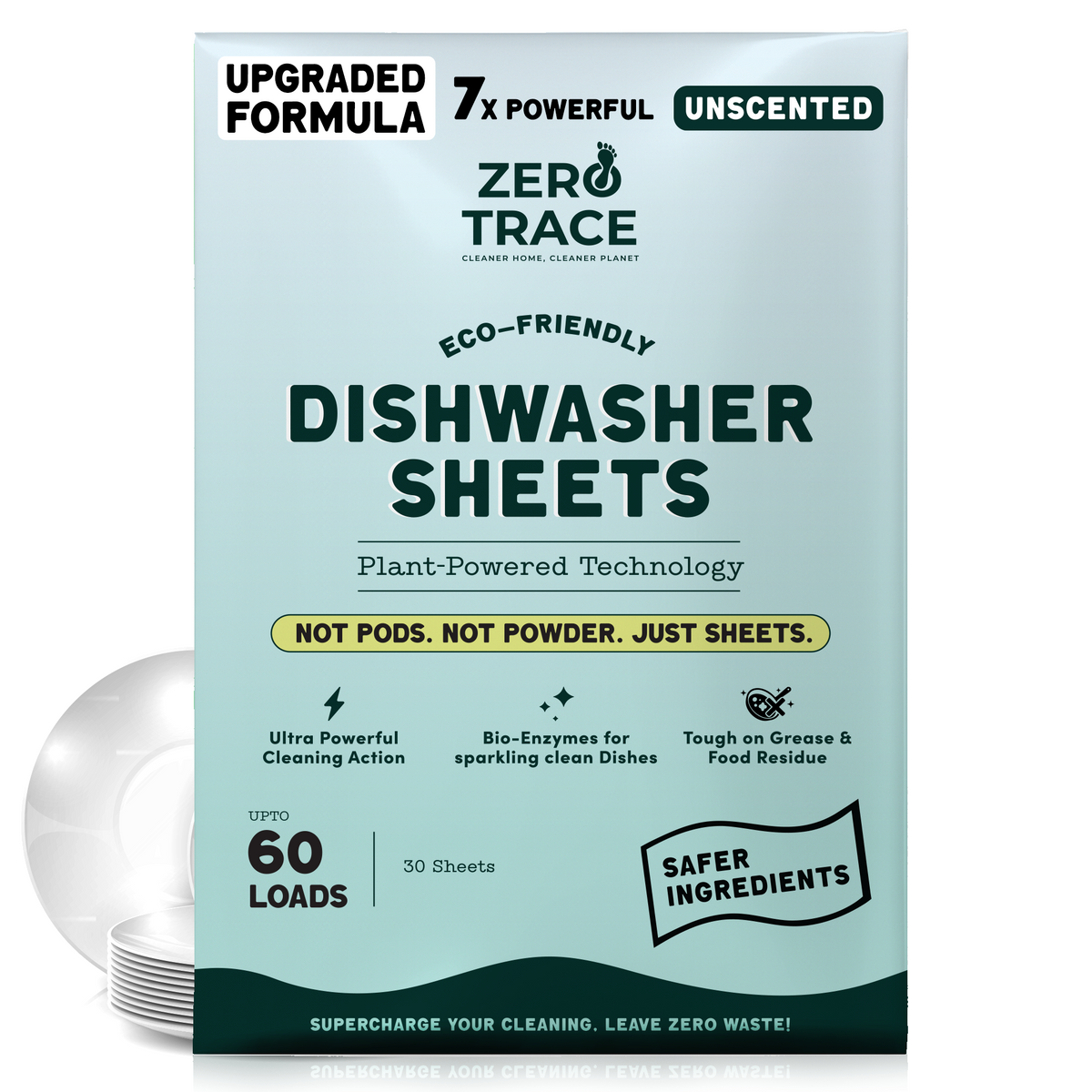 Zero Trace Dish Washer Sheets: plastic-free, eco-friendly, unscented sheets for 60 loads with plant-powered formula and bio-enzymes. Plates shown next to the box.