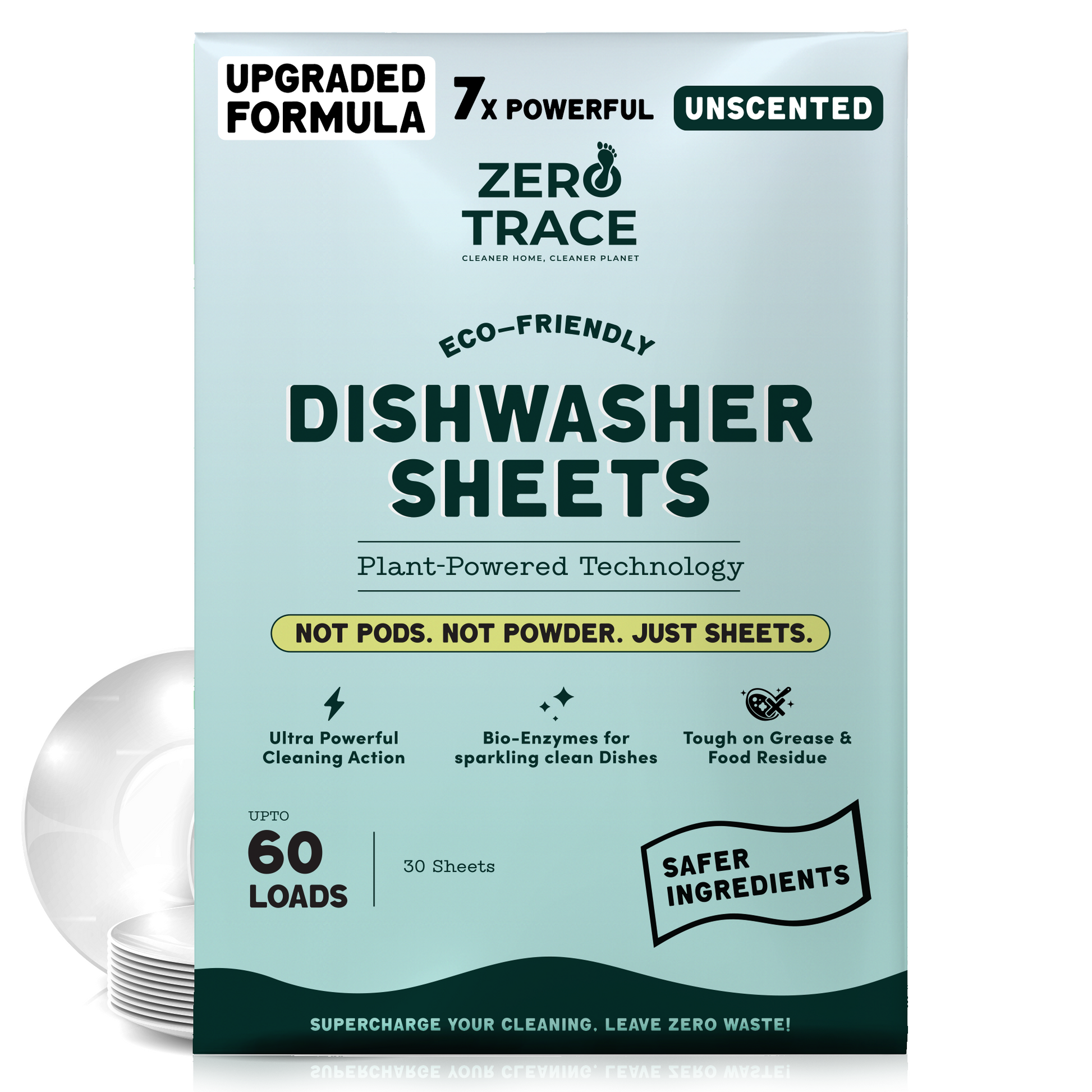 Zero Trace Dish Washer Sheets: plastic-free, eco-friendly, unscented sheets for 60 loads with plant-powered formula and bio-enzymes. Plates shown next to the box.