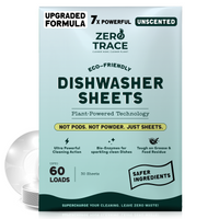 Zero Trace Dish Washer Sheets: plastic-free, eco-friendly, unscented sheets for 60 loads with plant-powered formula and bio-enzymes. Plates shown next to the box.