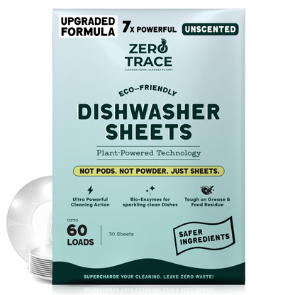 Zero Trace Dish Washer Sheets: plastic-free, eco-friendly, unscented sheets for 60 loads with plant-powered formula and bio-enzymes. Plates shown next to the box.