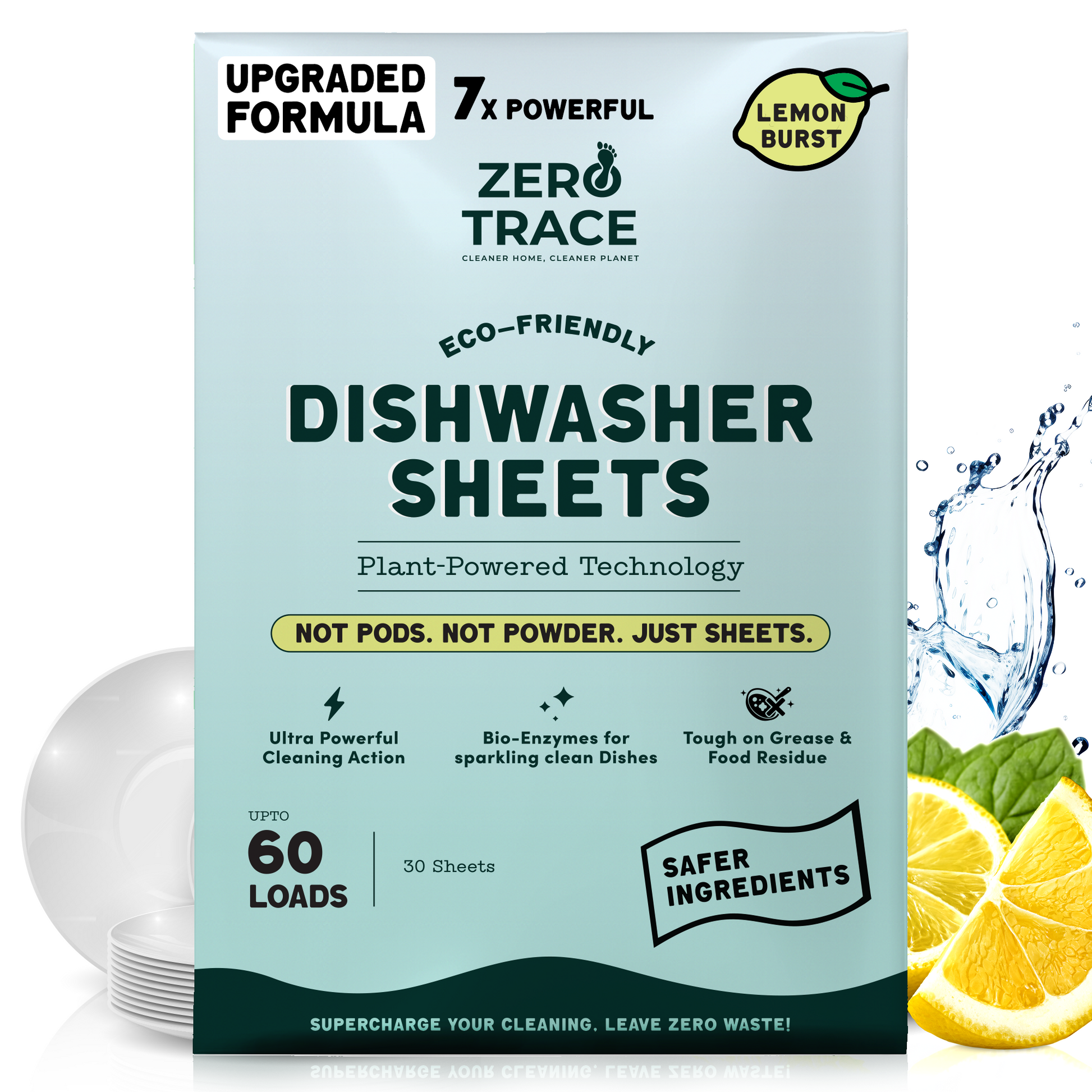 Zero Trace Dish Washer Sheets—plastic-free, plant-based, with a refreshing lemon burst scent. Each box cleans up to 60 loads for sparkling dishes.