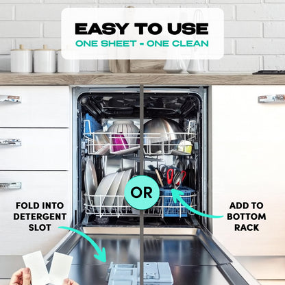 A dishwasher with clean dishes is open; hands hold Zero Trace Dish Washer Sheets. Arrows show the sheet can be folded into the detergent slot or placed on the bottom rack. Text: "Easy to Use.