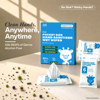A box and packets of Zero Trace Pocket Hand Sanitizing Wipes by Zero Trace are displayed on a beige surface with a potted plant and towel nearby. The alcohol-free packaging highlights germ-killing properties and states that it kills 99.9% of germs.