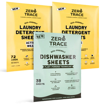 Sustainable laundry sheets with Zero Trace Daily Essentials Pack-Bundle.