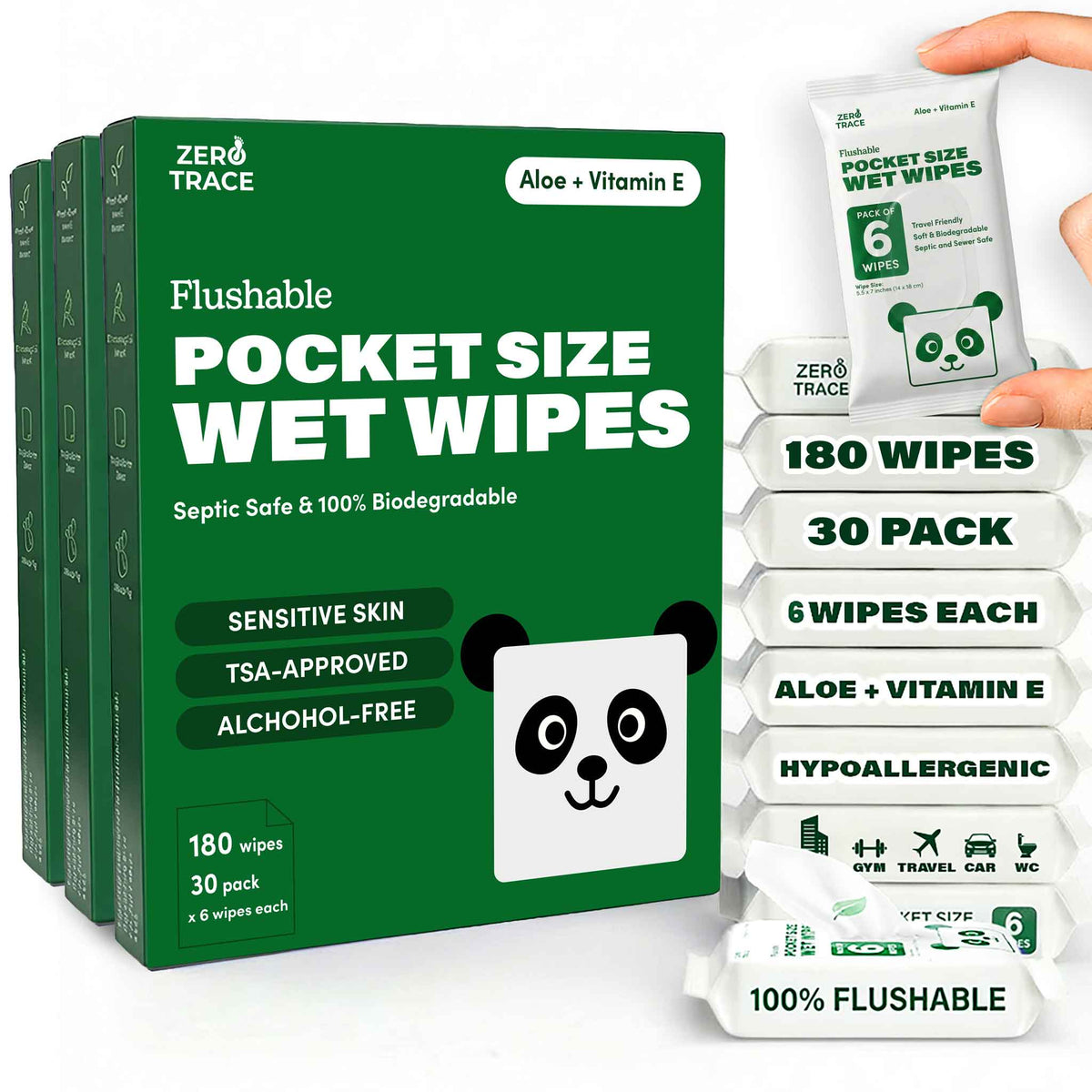 Zero Trace Flushable Pocket Wipes with Aloe & Vitamin E, from Zero Trace, for sensitive skin. Hypoallergenic, alcohol-free, flushable wipes. 180 wipes total per display.