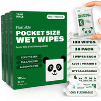 Zero Trace Flushable Pocket Wipes with Aloe & Vitamin E, from Zero Trace, for sensitive skin. Hypoallergenic, alcohol-free, flushable wipes. 180 wipes total per display.