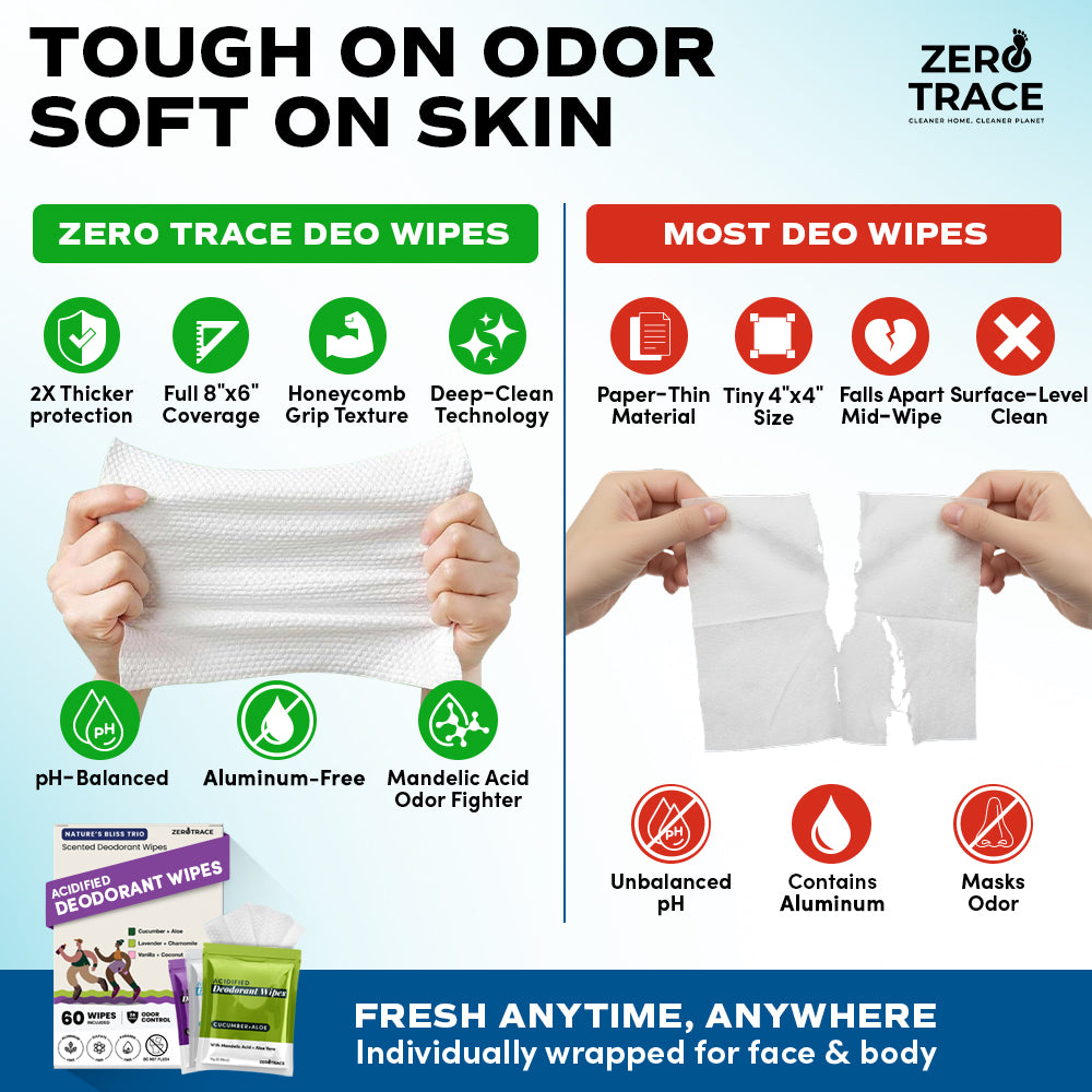 Comparison chart of Zero Trace’s Nature's Bliss Deodorant Wipes vs. most deo wipes, showcasing thickness, coverage, grip, ingredients, and cleanability. Plant-based deodorant wipe packs displayed below.