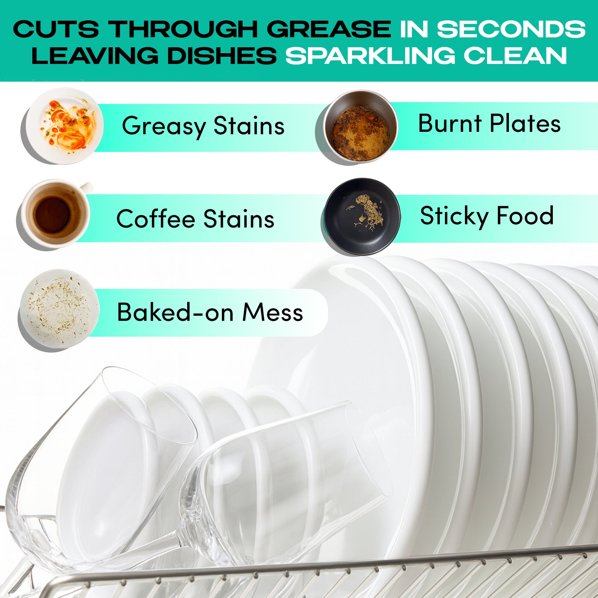A dish rack with clean plates and glasses, and images of greasy stains, burnt plates, coffee stains, sticky food, and baked-on mess. Text promotes Zero Trace Dish Washer Sheets—plastic-free with a powerful plant-based formula.