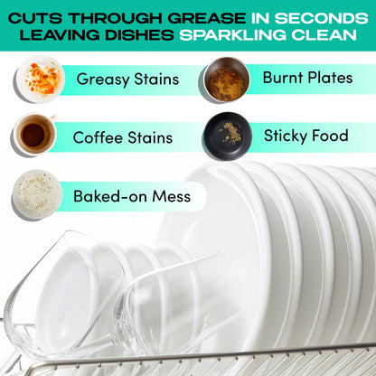 A dish rack with clean plates and glasses, and images of greasy stains, burnt plates, coffee stains, sticky food, and baked-on mess. Text promotes Zero Trace Dish Washer Sheets—plastic-free with a powerful plant-based formula.