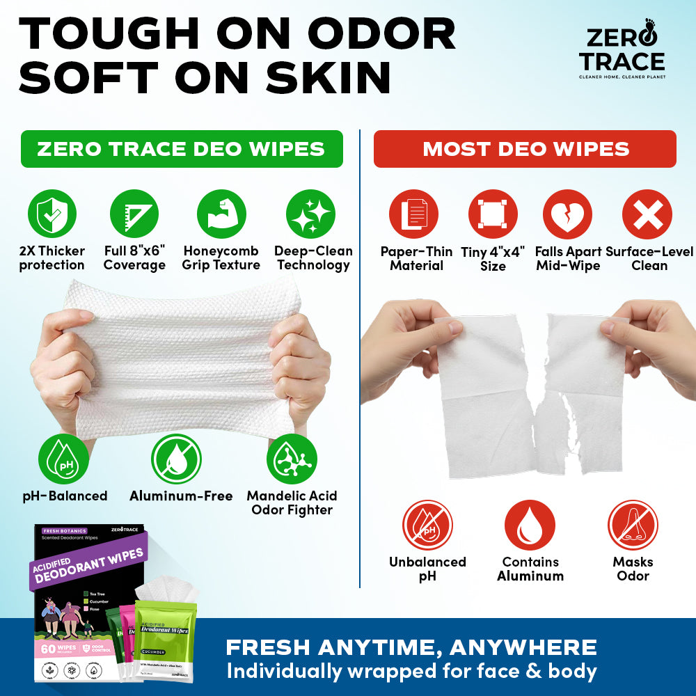 Comparison chart shows Zero Trace Fresh Botanic Deodorant Wipes are thicker, larger wipes with a plant-based, aluminum-free odor control formula, while most deodorant wipes are smaller, thinner, and contain aluminum.