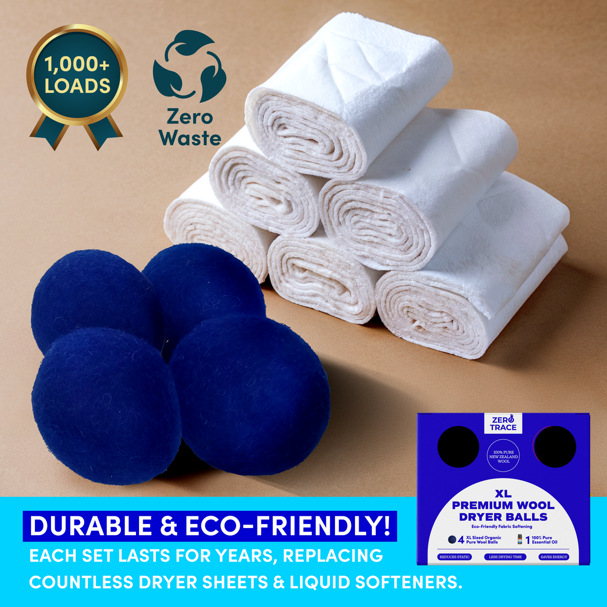 Four blue Dryer Wool Balls, crafted from premium New Zealand wool by Zero Trace, and six rolled white cloths are displayed on a tan surface alongside packaging labeled "XL Premium Wool Dryer Balls." The display highlights eco-friendly and durable qualities. These natural fabric softeners from Zero Trace offer a sustainable alternative for your laundry routine.