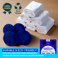 Four blue Dryer Wool Balls, crafted from premium New Zealand wool by Zero Trace, and six rolled white cloths are displayed on a tan surface alongside packaging labeled "XL Premium Wool Dryer Balls." The display highlights eco-friendly and durable qualities. These natural fabric softeners from Zero Trace offer a sustainable alternative for your laundry routine.