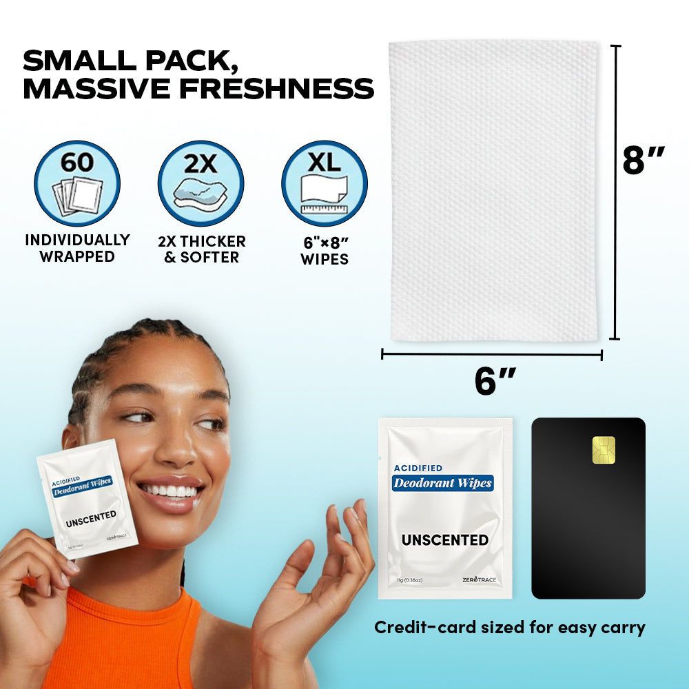 A woman holds a packet of Zero Trace Bare Fresh Deodorant Wipes; product details emphasize their biodegradable, aluminum-free design, thick texture, and convenient credit card-sized packaging for easy portability.