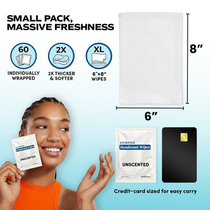 A woman holds a packet of Zero Trace Bare Fresh Deodorant Wipes; product details emphasize their biodegradable, aluminum-free design, thick texture, and convenient credit card-sized packaging for easy portability.
