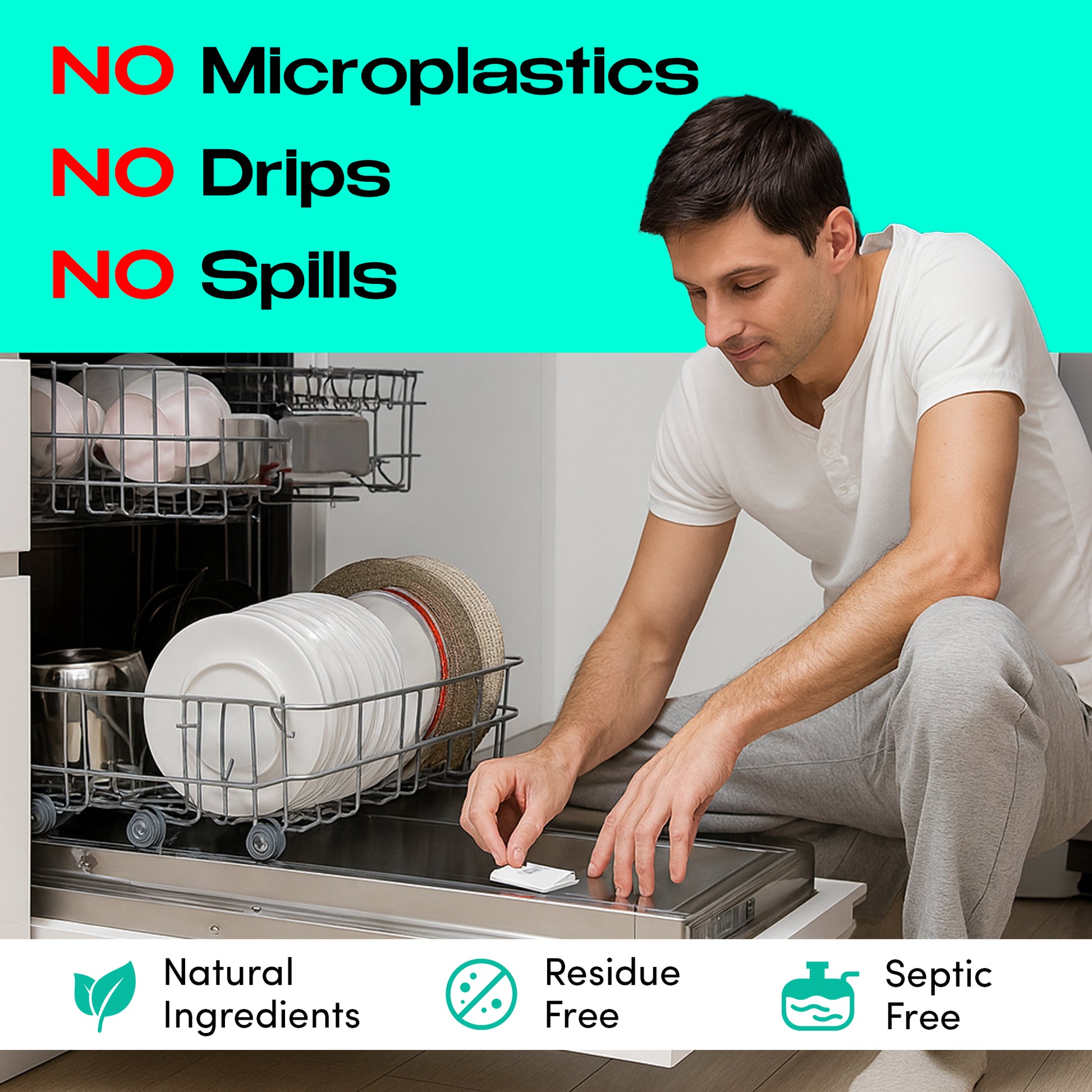 A man loads the dishwasher and adds Zero Trace Dish Washer Sheets—plastic-free, biodegradable, no microplastics, drips, or spills—highlighting their convenient sheet formula and eco-friendly features.