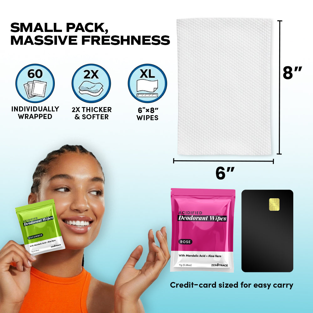 A woman holds Zero Trace Fresh Botanic Deodorant Wipes, featuring plant-based odor control. Each pack has 60 aluminum-free, 2x thicker wipes (6"x8"), individually wrapped and credit card-sized for easy portability.