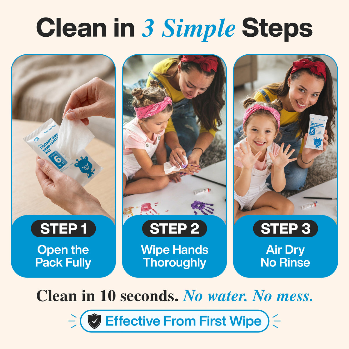 Here’s a rewritten version using your product data: Three simple steps to clean hands: open the Zero Trace Pocket Hand Sanitizing Wipes pack, wipe hands thoroughly, and allow them to air dry. These alcohol-free Zero Trace wipes kill 99.9% of germs in just 10 seconds—no water or rinsing required.