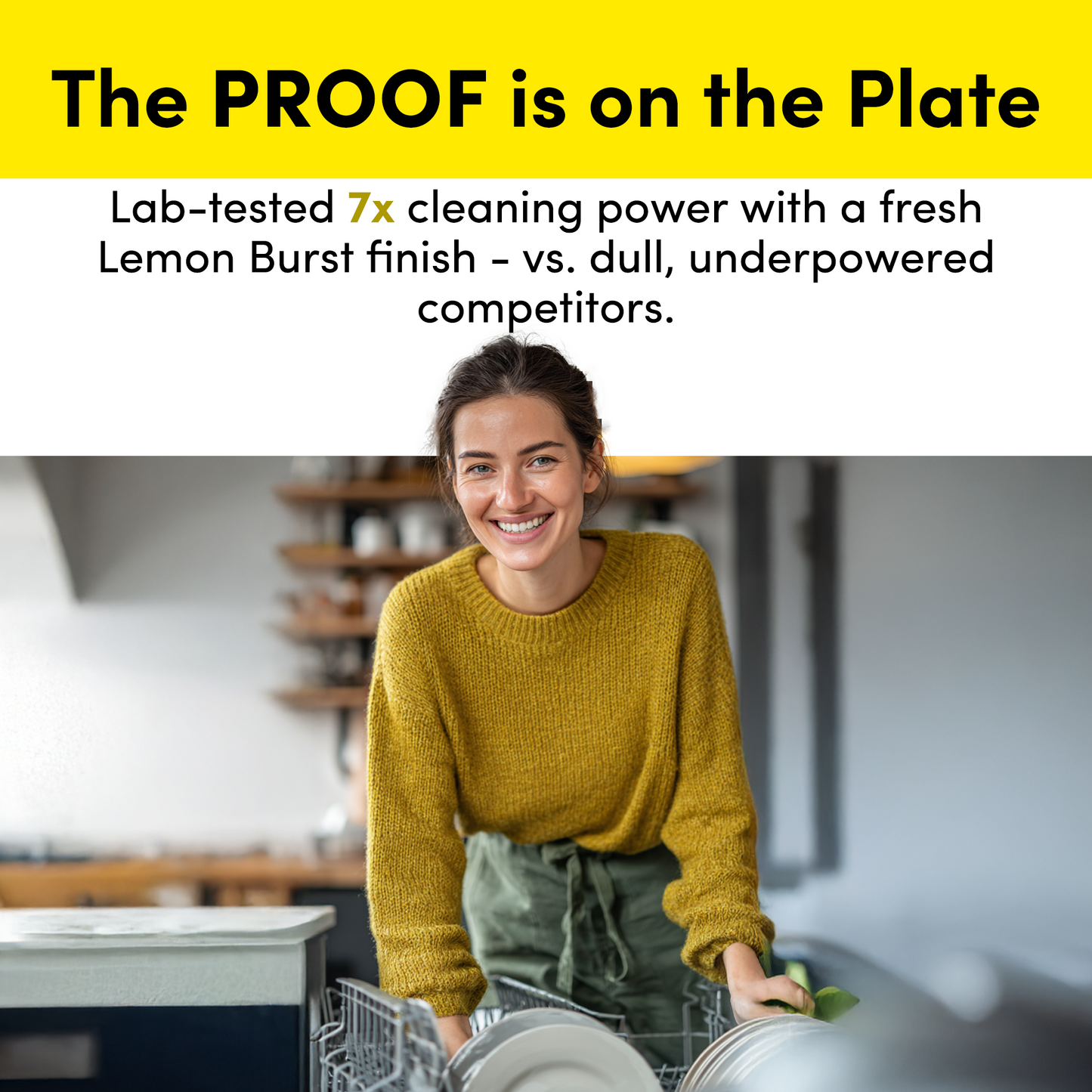 A woman in a yellow sweater smiles while loading dishes in a bright kitchen. Text highlights Zero Trace Dish Washer Sheets' plant-derived formula and 7x lab-tested cleaning power compared to competitors.
