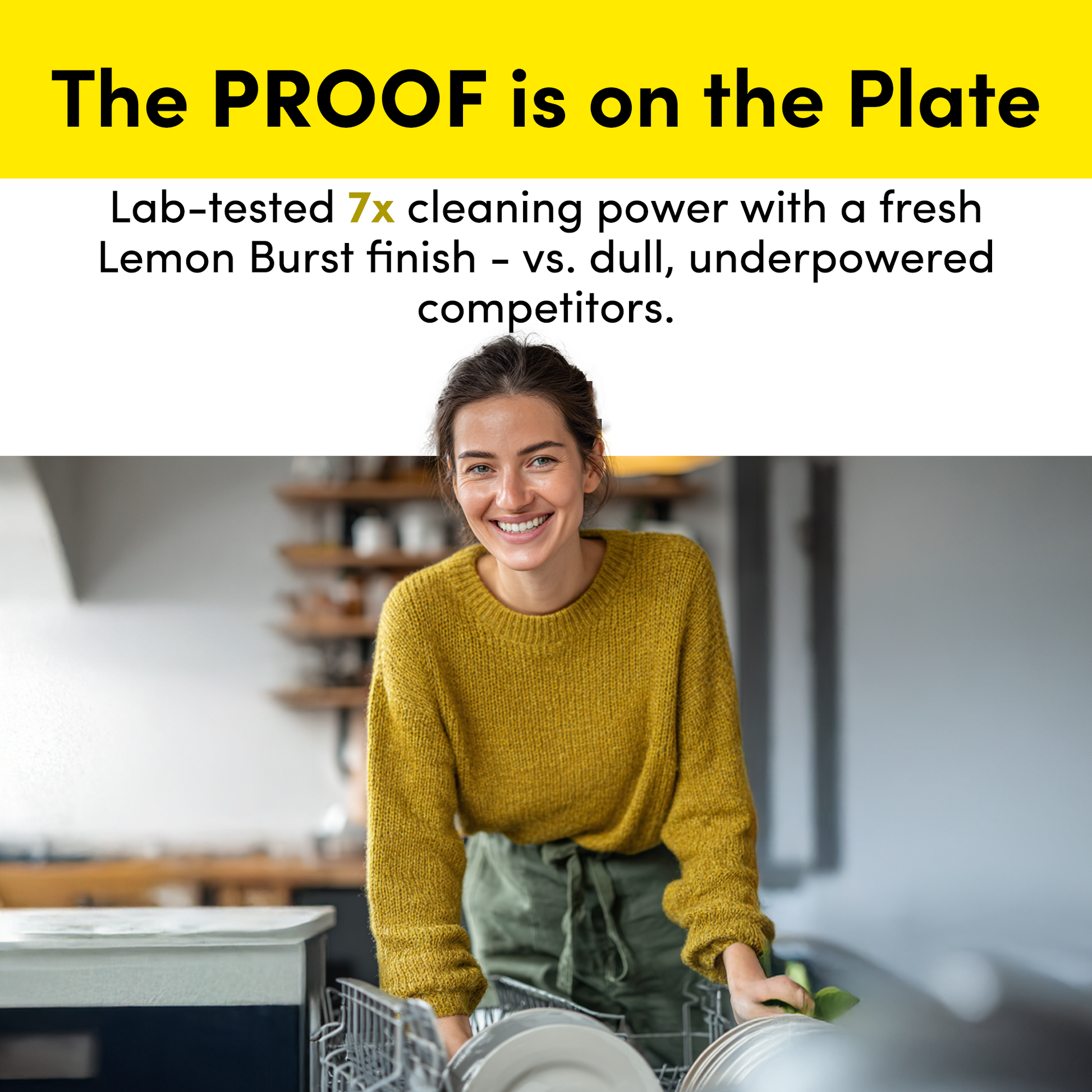 A woman in a yellow sweater smiles while loading dishes in a bright kitchen. Text highlights Zero Trace Dish Washer Sheets' plant-derived formula and 7x lab-tested cleaning power compared to competitors.