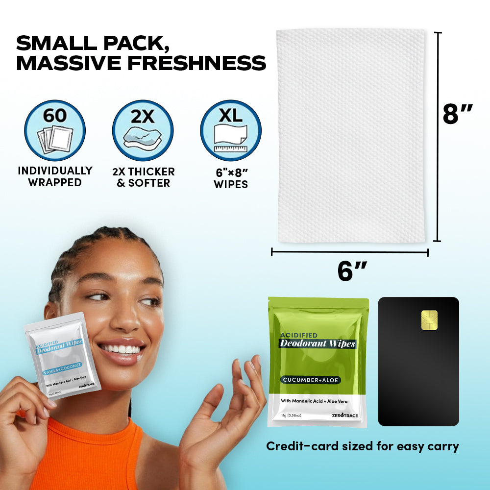 A woman holds a Zero Trace Nature's Bliss Deodorant Wipes packet. The image highlights 60 individually wrapped 6"x8" natural wipes, 2x thicker than standard, and credit card-sized for easy carrying.
