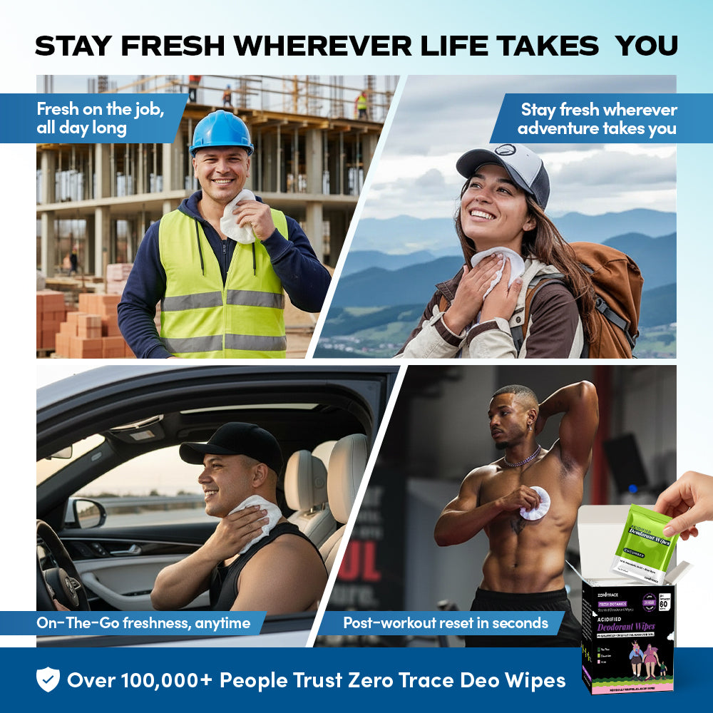 Collage of people using Zero Trace Fresh Botanic Deodorant Wipes at work, hiking, in a car, and after workouts. Visible packaging highlights aluminum-free, plant-based odor control for lasting freshness anywhere.
