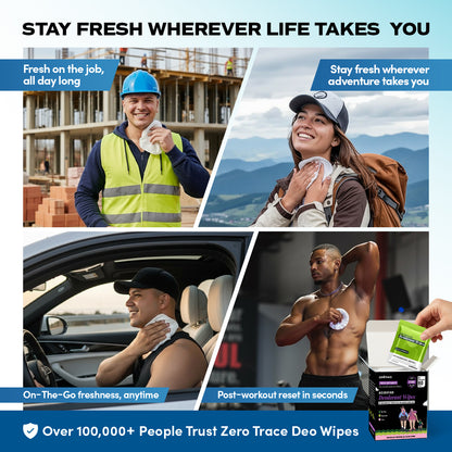 Collage of people using Zero Trace Fresh Botanic Deodorant Wipes at work, hiking, in a car, and after workouts. Visible packaging highlights aluminum-free, plant-based odor control for lasting freshness anywhere.
