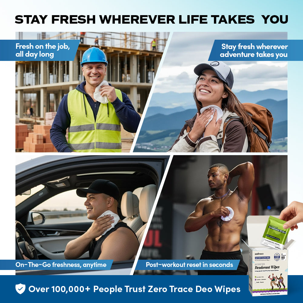Collage of a construction worker, hiker, gym-goer, and man post-workout using Nature's Bliss Deodorant Wipes by Zero Trace—plant-based deodorant wipes for fresh, on-the-go confidence.