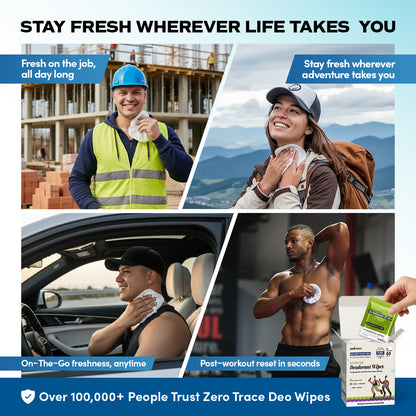 Collage of a construction worker, hiker, gym-goer, and man post-workout using Nature's Bliss Deodorant Wipes by Zero Trace—plant-based deodorant wipes for fresh, on-the-go confidence.