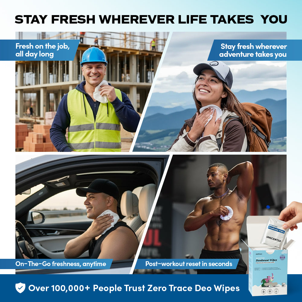 A collage shows people using Zero Trace Bare Fresh Deodorant Wipes at work, outdoors, at the gym, and post-exercise. Biodegradable packaging is displayed, with promotional text featured above and below the images.